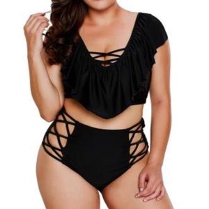 Black Frill Tankini Crisscross High Waist Swimsuit